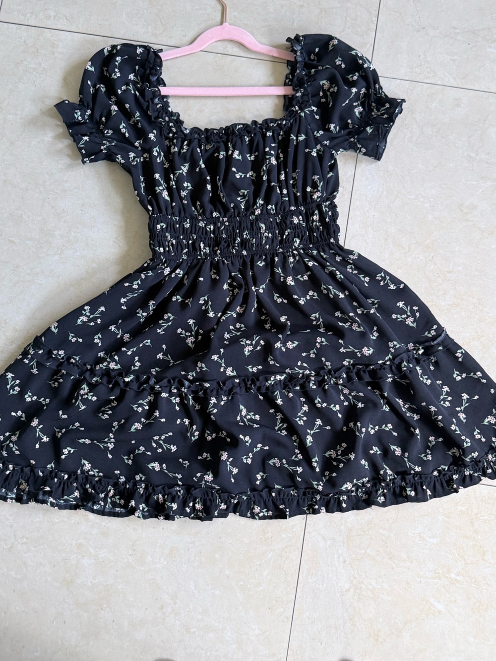 Inspired Hearts Black Off-Shoulder Smocked Floral Tunic